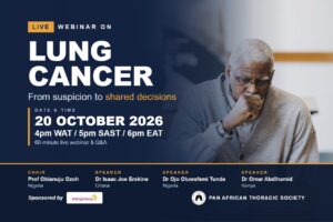 PATS live webinar on lung cancer, 20 October 2026, 4pm WAT, 5pm SAST, 6pm EAT. Chair Prof Obianuju Ozoh, speakers Dr Isaac Joe Erskine, Dr Ojo Oluwafemi Tunde and Dr Omar Abdihamid. Sponsored by AstraZeneca.